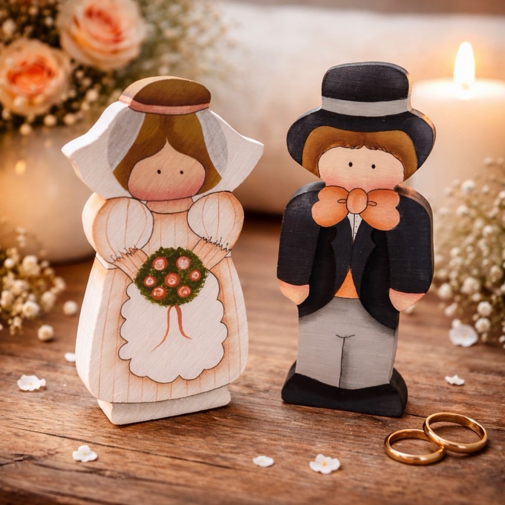 Vintage 1993 Hand Painted Wood Bride & Groom Folk Art Set Artist Signed Wedding